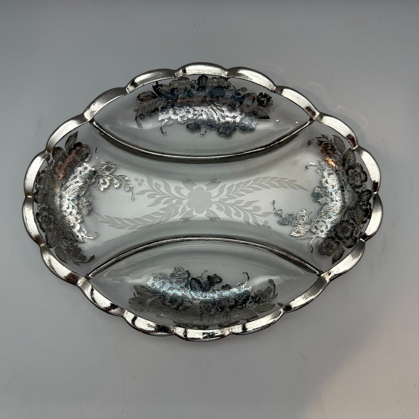 Silver City Blossom Time Silver Overlay Divided Glass Relish Tray