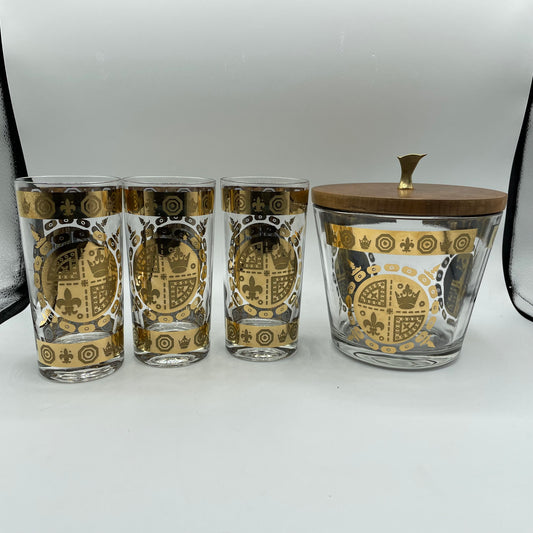 Vito Bari Glass Ice Bucket and 3 Glasses, 24k gold