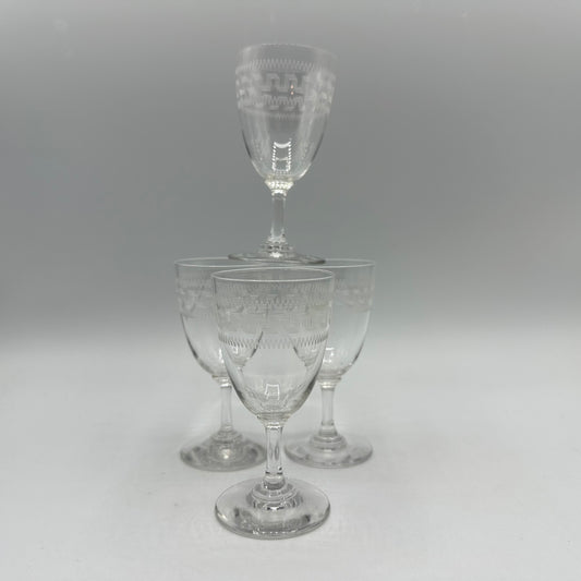 Edwardian Sherry/Port Glasses, Etched with Greek Key Design, Set of 4