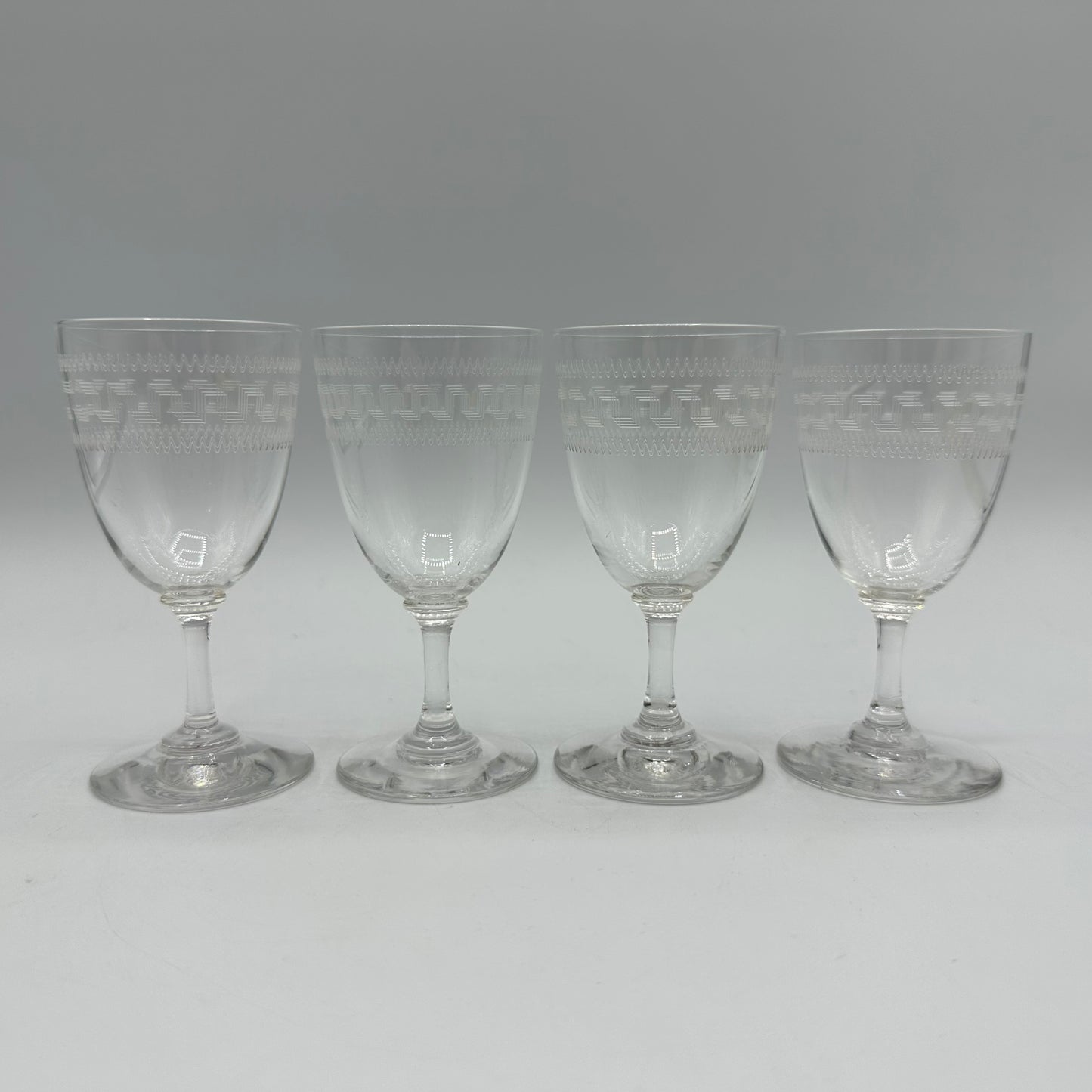 Edwardian Sherry/Port Glasses, Etched with Greek Key Design, Set of 4