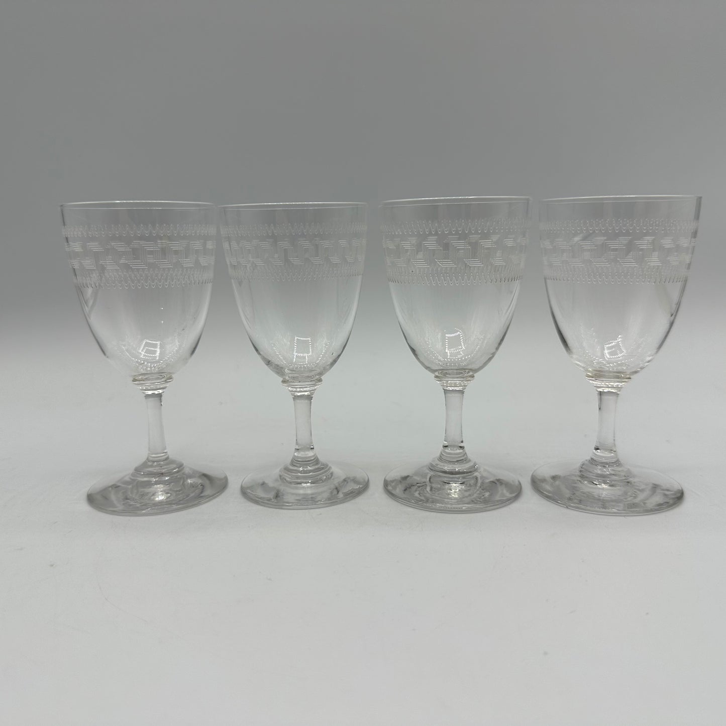 Edwardian Sherry/Port Glasses, Etched with Greek Key Design, Set of 4