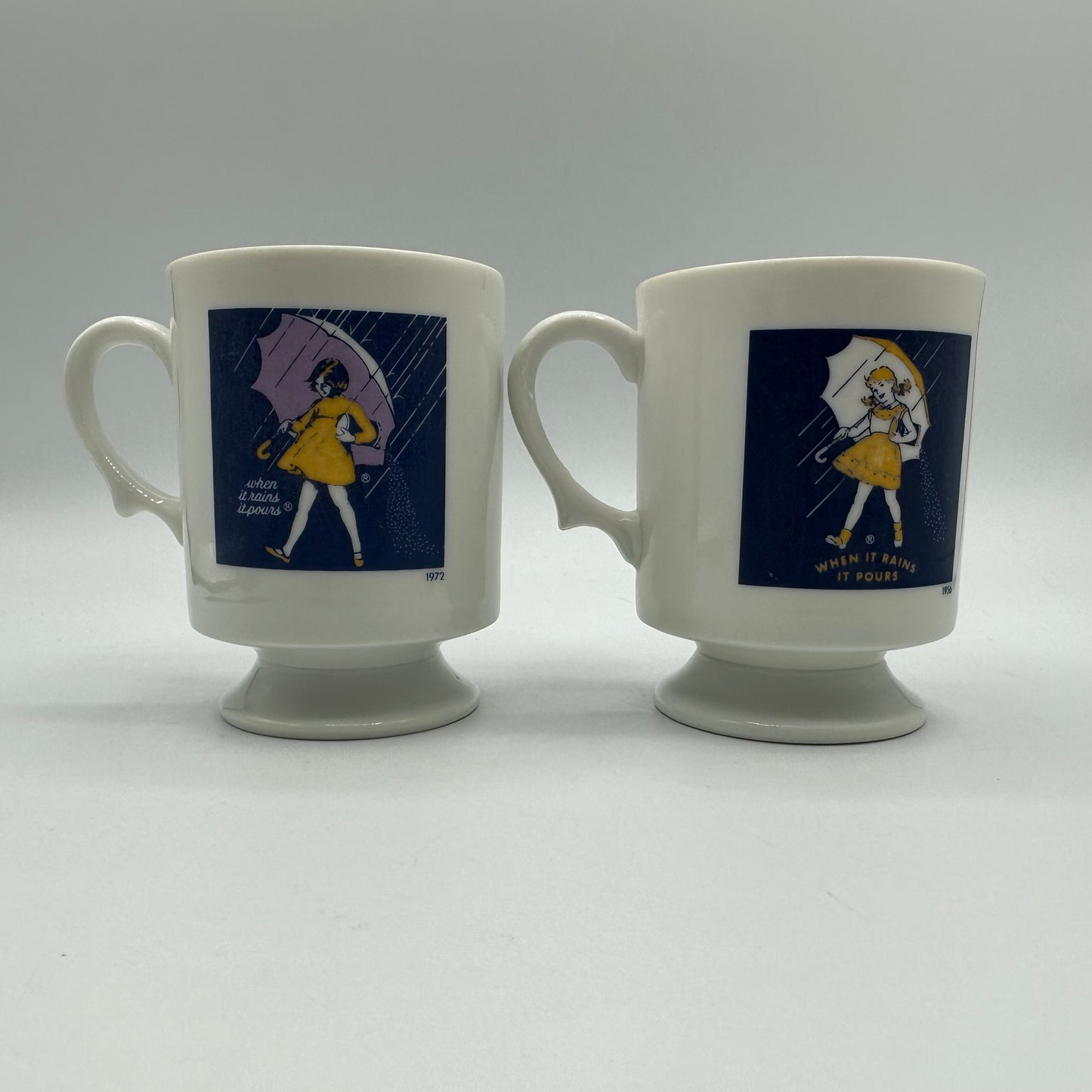 Morton's Salt Pedestal Mugs, 1956 and 1972 Logos, Set of 2