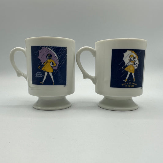 Morton's Salt Pedestal Mugs, 1956 and 1972 Logos, Set of 2