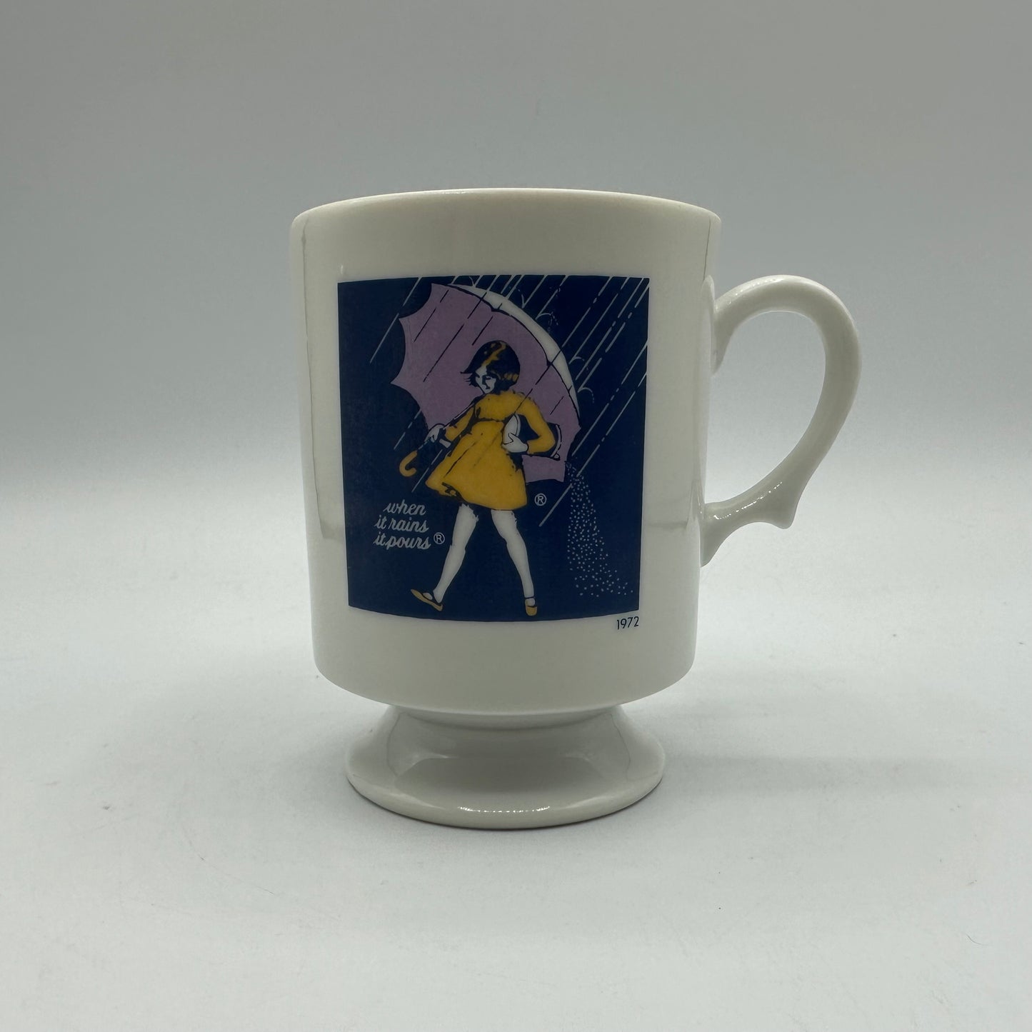 Morton's Salt Pedestal Mugs, 1956 and 1972 Logos, Set of 2