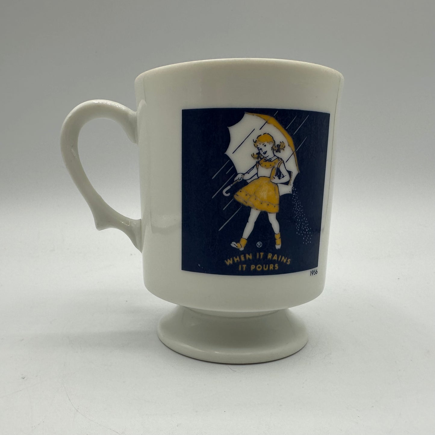 Morton's Salt Pedestal Mugs, 1956 and 1972 Logos, Set of 2