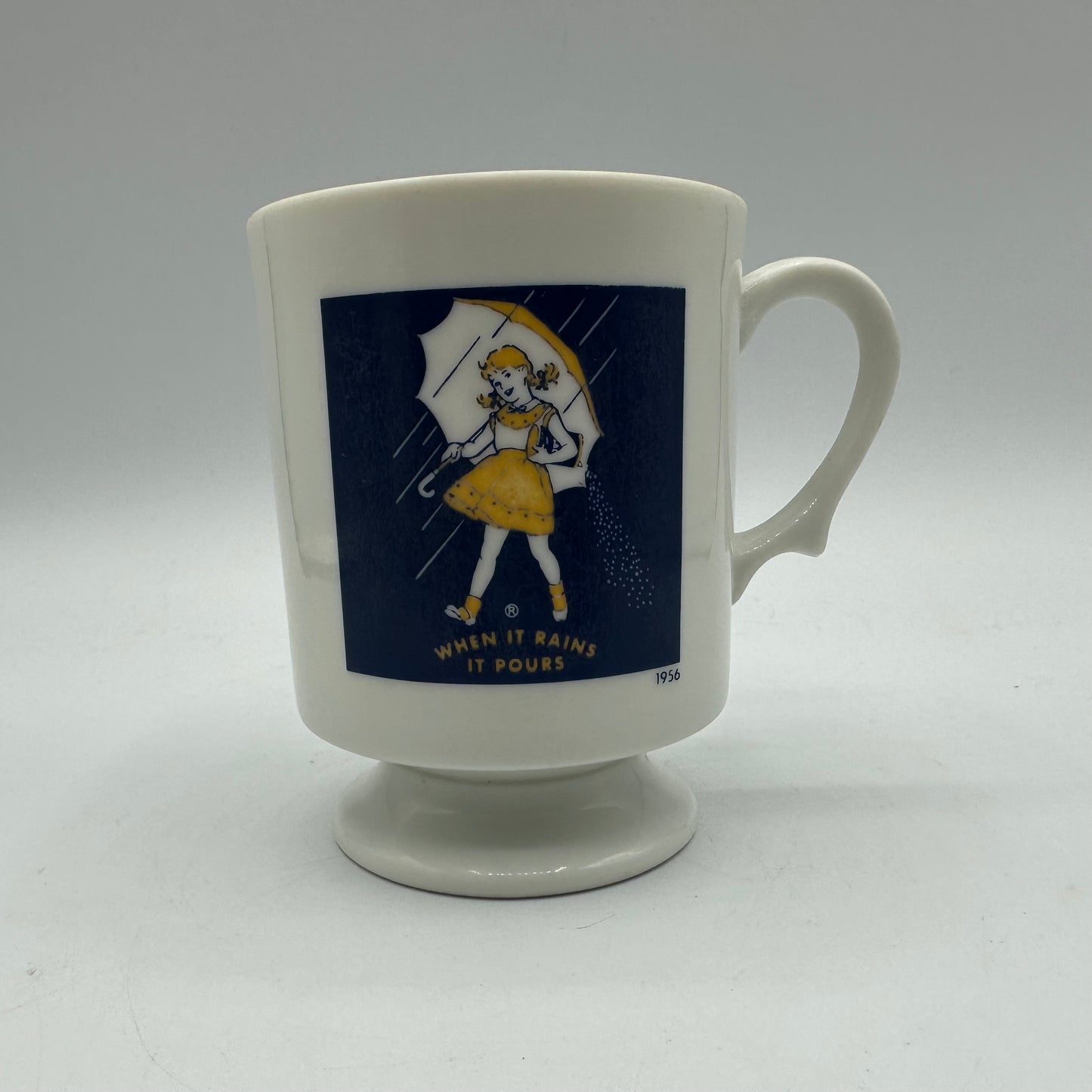 Morton's Salt Pedestal Mugs, 1956 and 1972 Logos, Set of 2