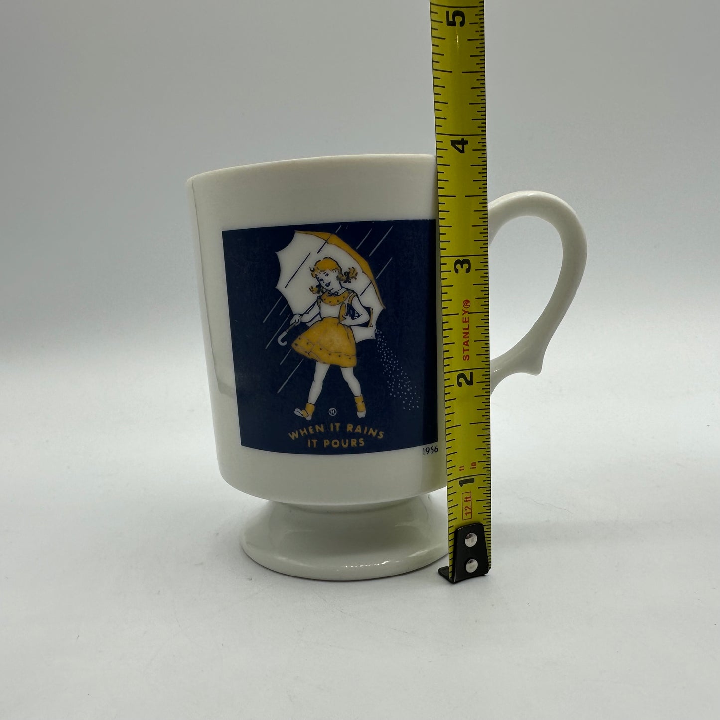 Morton's Salt Pedestal Mugs, 1956 and 1972 Logos, Set of 2