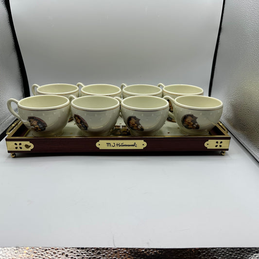 M.J. Hummel Hostess Collection Tray With 8 Porcelain Cups, Umbrella Girl & Boy