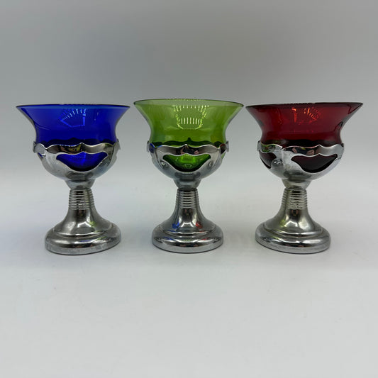 Farber Bros Krome Kraft Sherry Glasses With Colored Glass Bowls, Set of 3