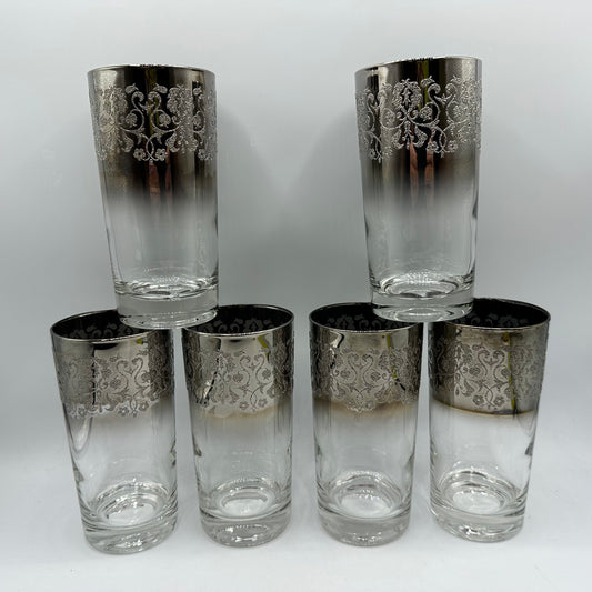 Dorothy Thorpe Style Highball Glasses Silver Fade with Raised Design, Set of 6