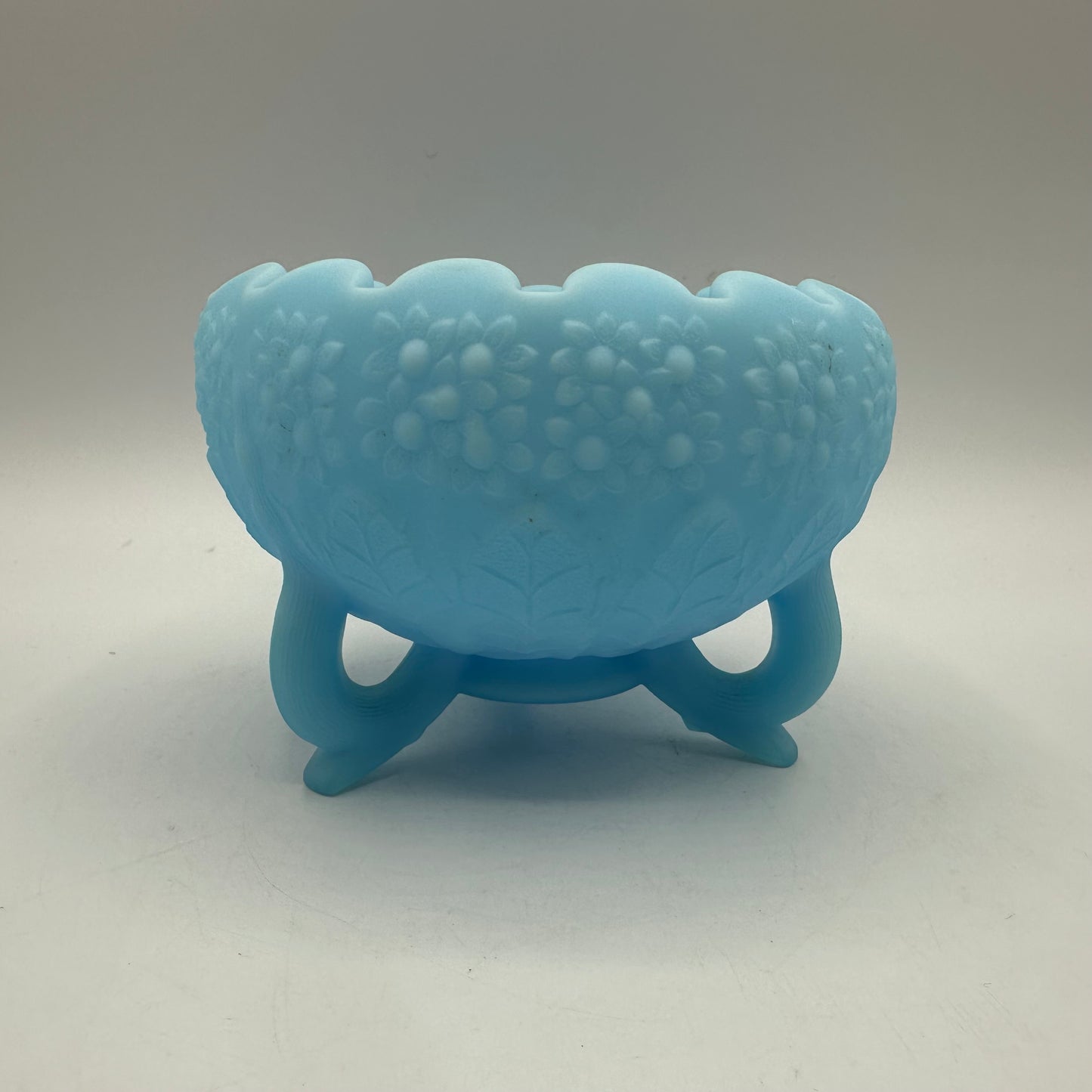Fenton Tri Footed Blue Satin Orange Tree Rose Bowl