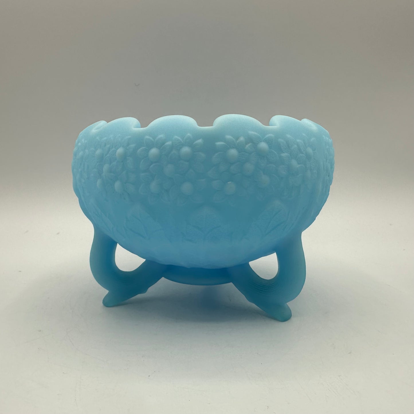 Fenton Tri Footed Blue Satin Orange Tree Rose Bowl