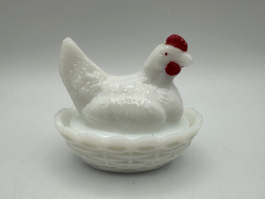 Westmoreland Milk Glass Hen on Nest, White with Red Accents