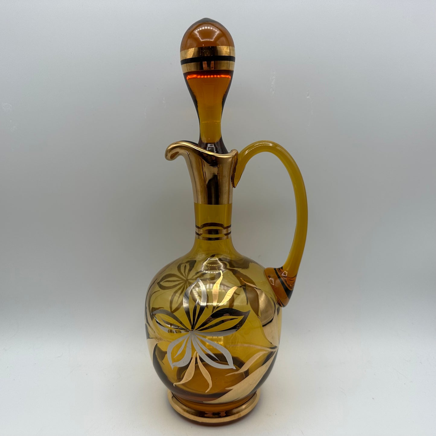 Amber Decanter and 6 Cordial Glasses, Floral Accents