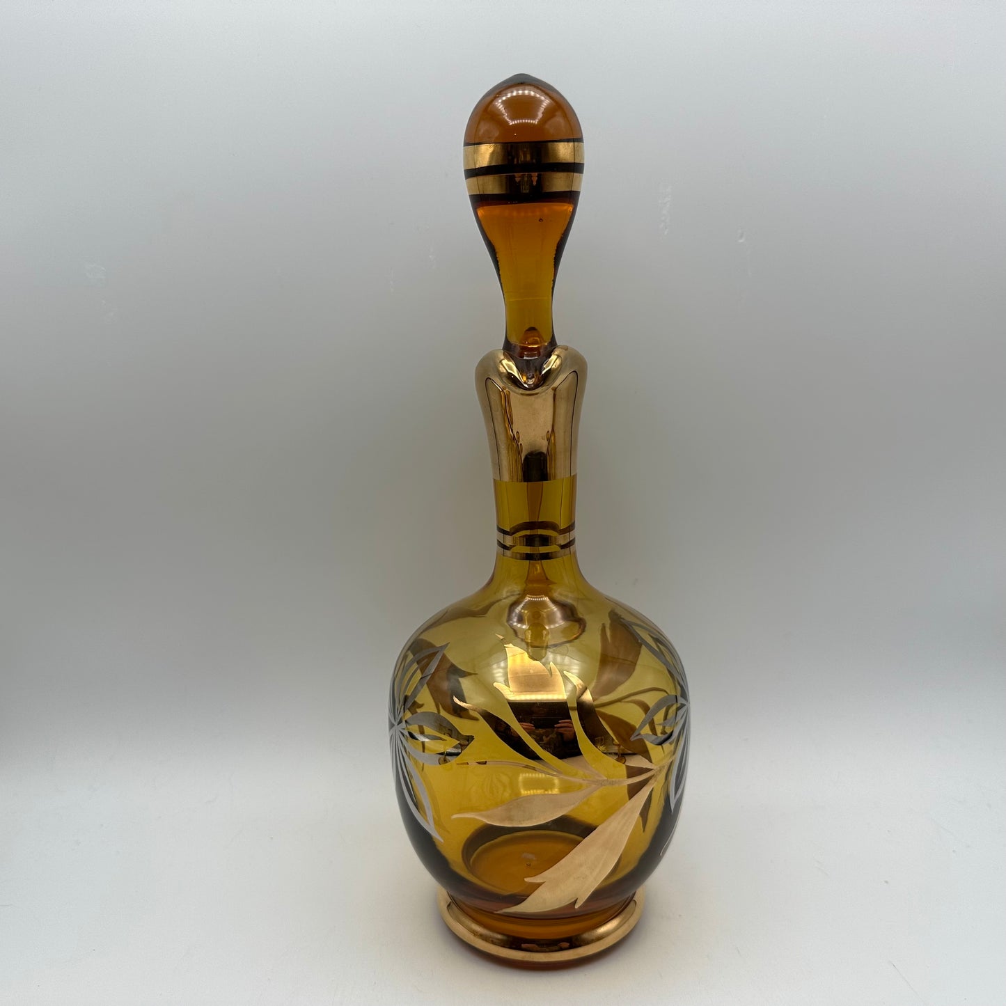 Amber Decanter and 6 Cordial Glasses, Floral Accents