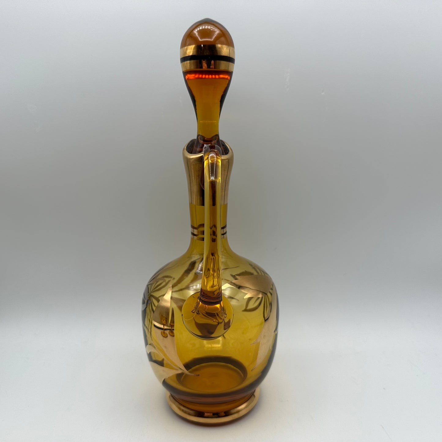 Amber Decanter and 6 Cordial Glasses, Floral Accents