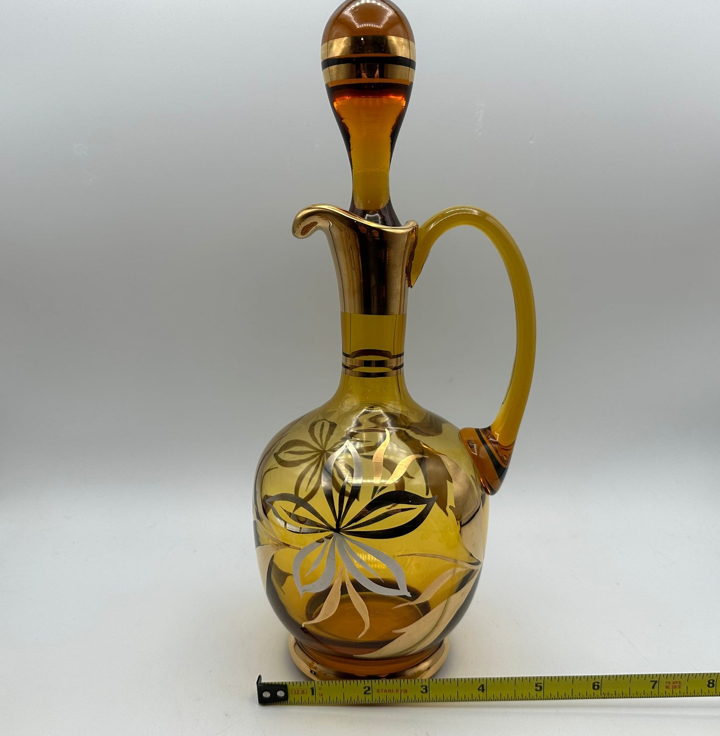 Amber Decanter and 6 Cordial Glasses, Floral Accents