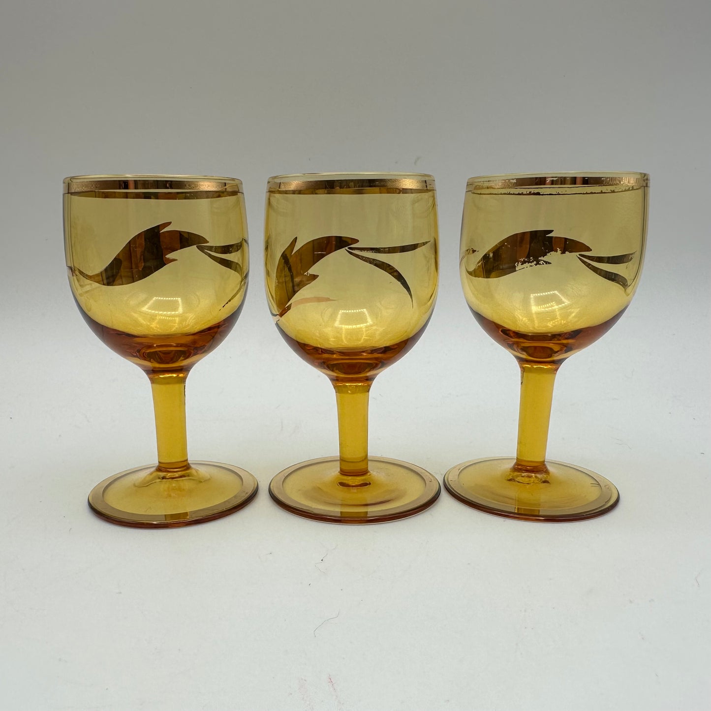 Amber Decanter and 6 Cordial Glasses, Floral Accents