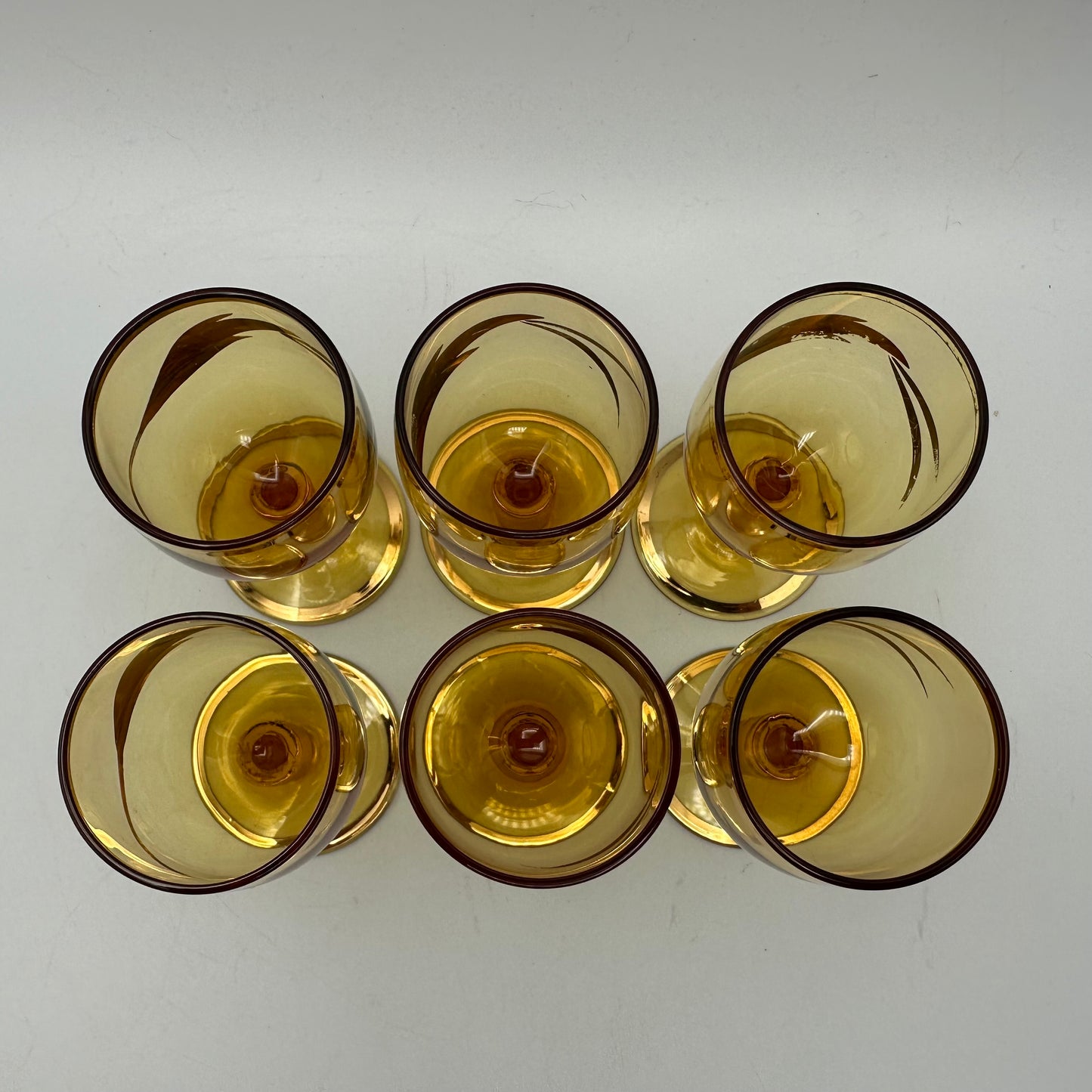 Amber Decanter and 6 Cordial Glasses, Floral Accents