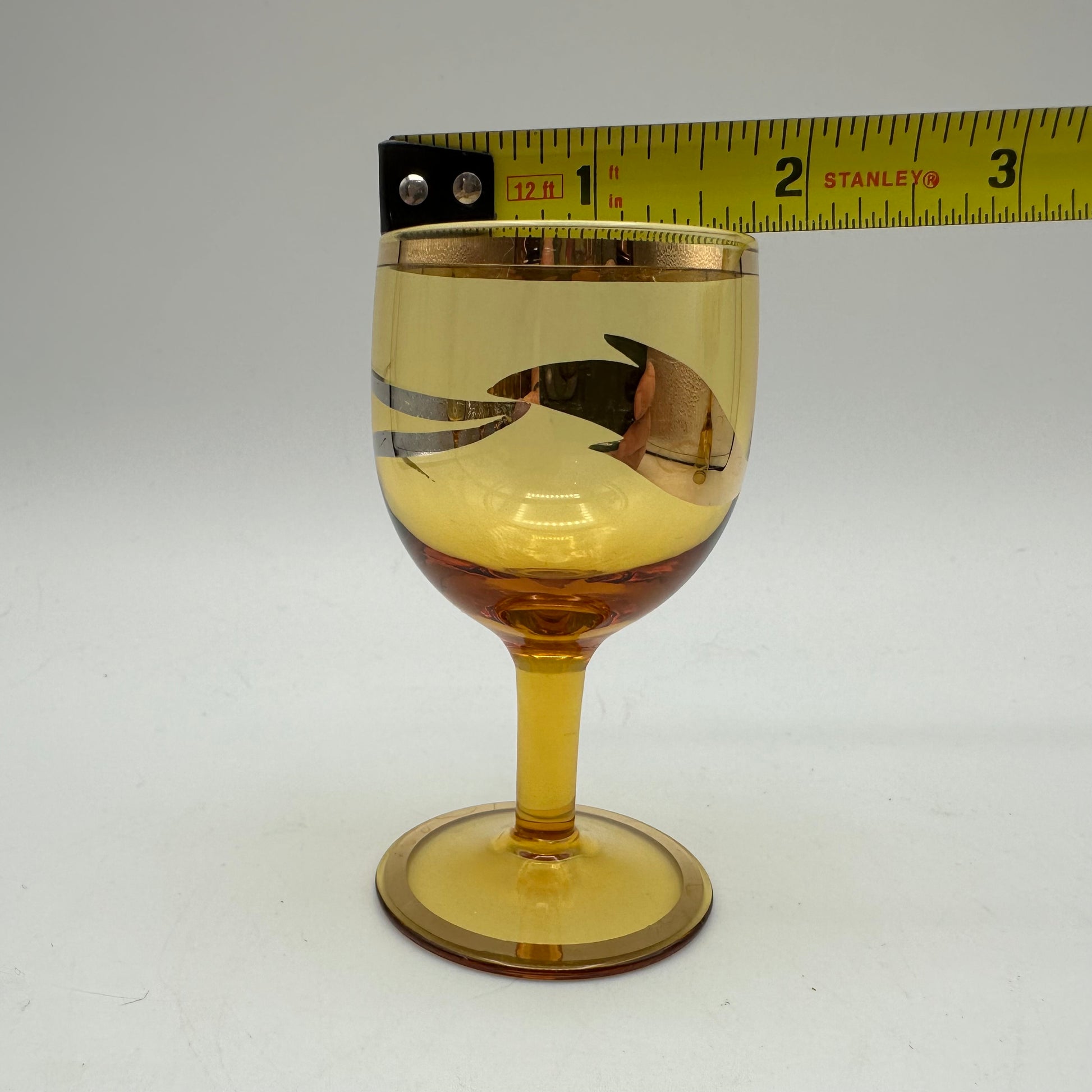 Vintage Amber Crystal Wine Glasses with Etched Floral Pattern