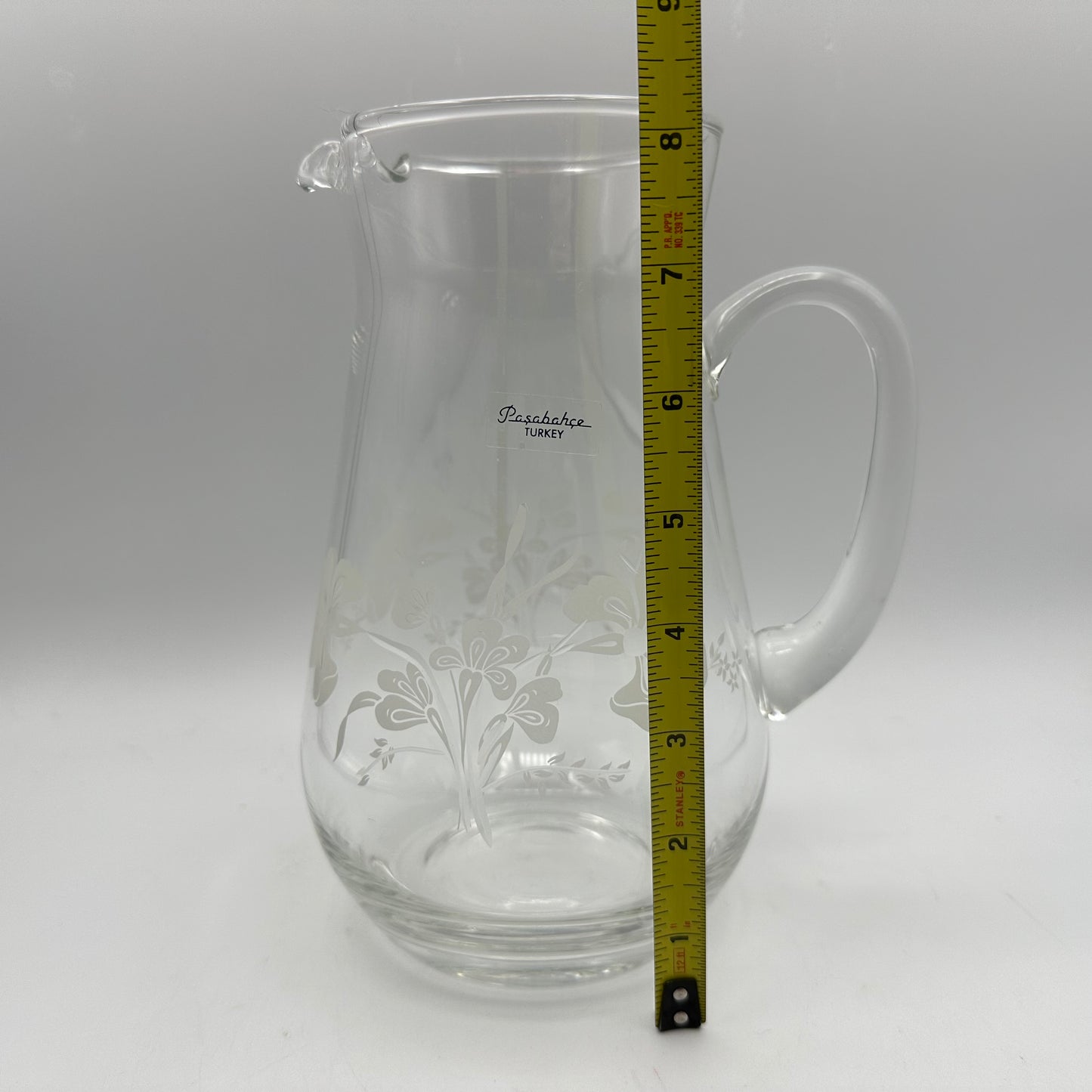 Pasabahce Crystal Pitcher, Clear with Etched Floral Design