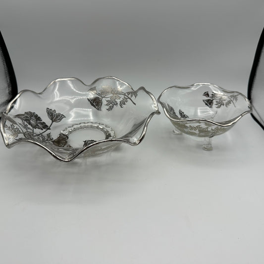 Silver City Silver Overlay Poppy Design 3 footed Candy Dish & Ruffled Edge Bowl