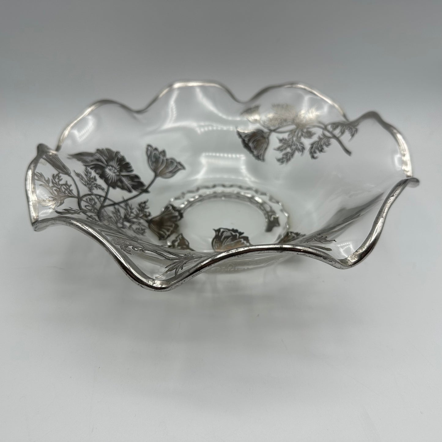 Silver City Silver Overlay Poppy Design 3 footed Candy Dish & Ruffled Edge Bowl