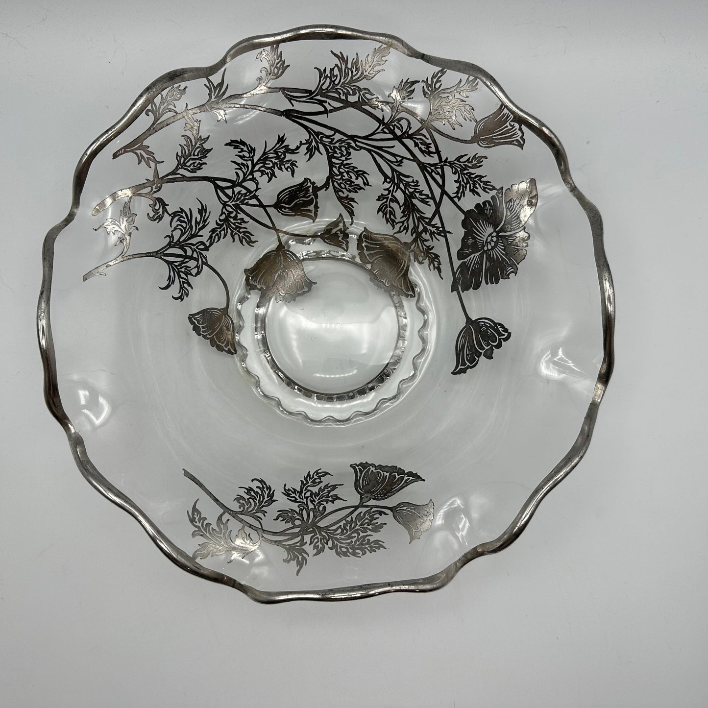 Silver City Silver Overlay Poppy Design 3 footed Candy Dish & Ruffled Edge Bowl