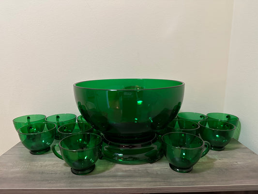 Anchor Hocking Forest Green Punch Bowl Set W/12 Cups and Base