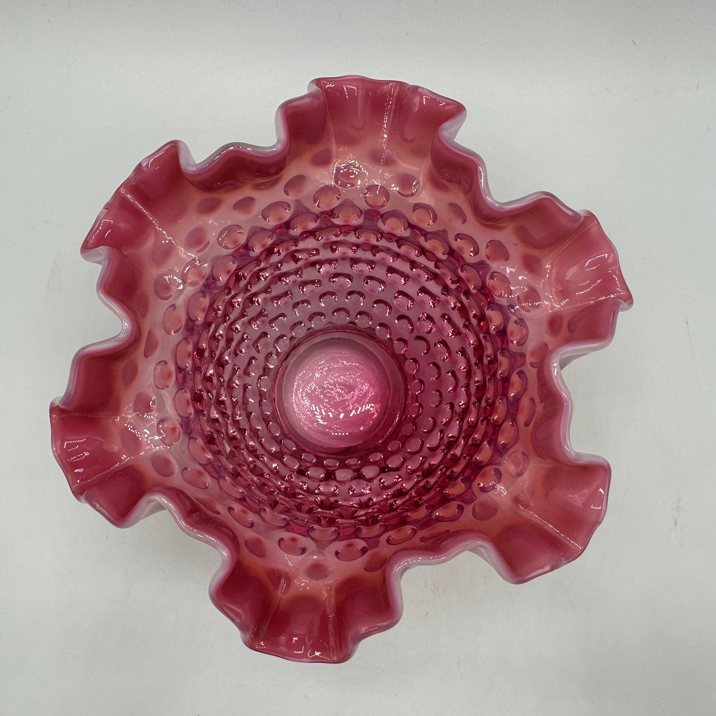 Vintage Fenton Cranberry Opalescent Ruffled Edge retailer Hobnail Vase