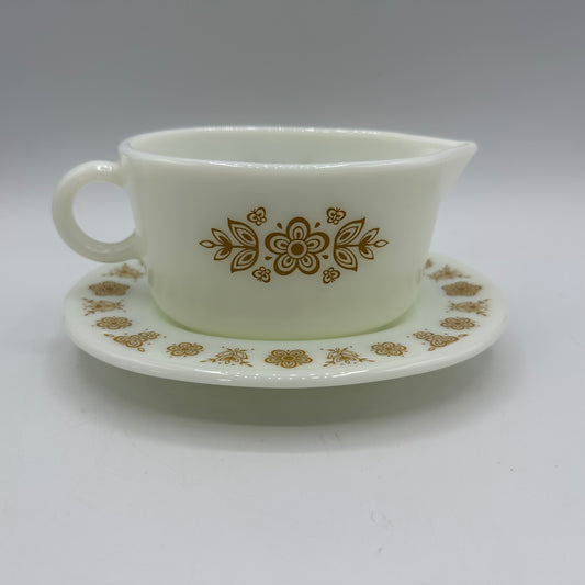 1970s Gold Butterfly Pyrex Milk Glass Gravy Boat & Platter