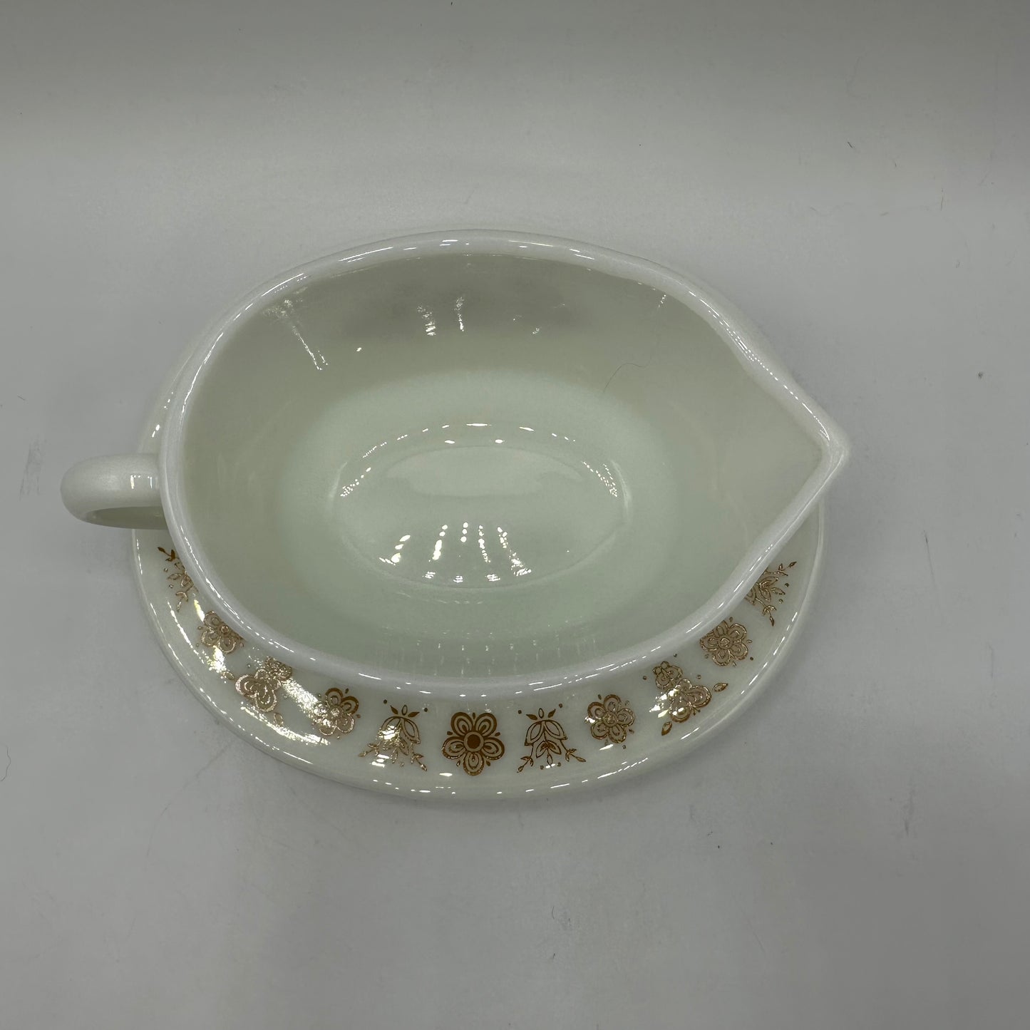 1970s Gold Butterfly Pyrex Milk Glass Gravy Boat & Platter