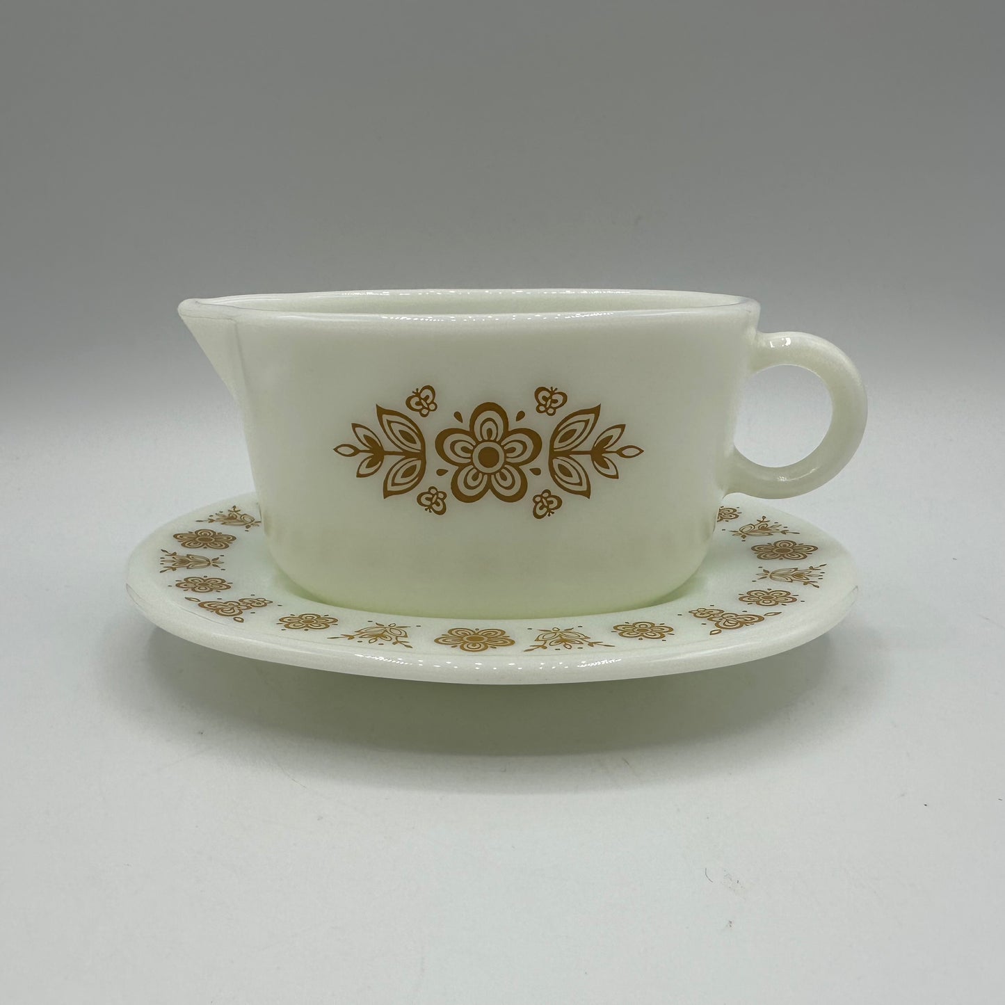 1970s Gold Butterfly Pyrex Milk Glass Gravy Boat & Platter