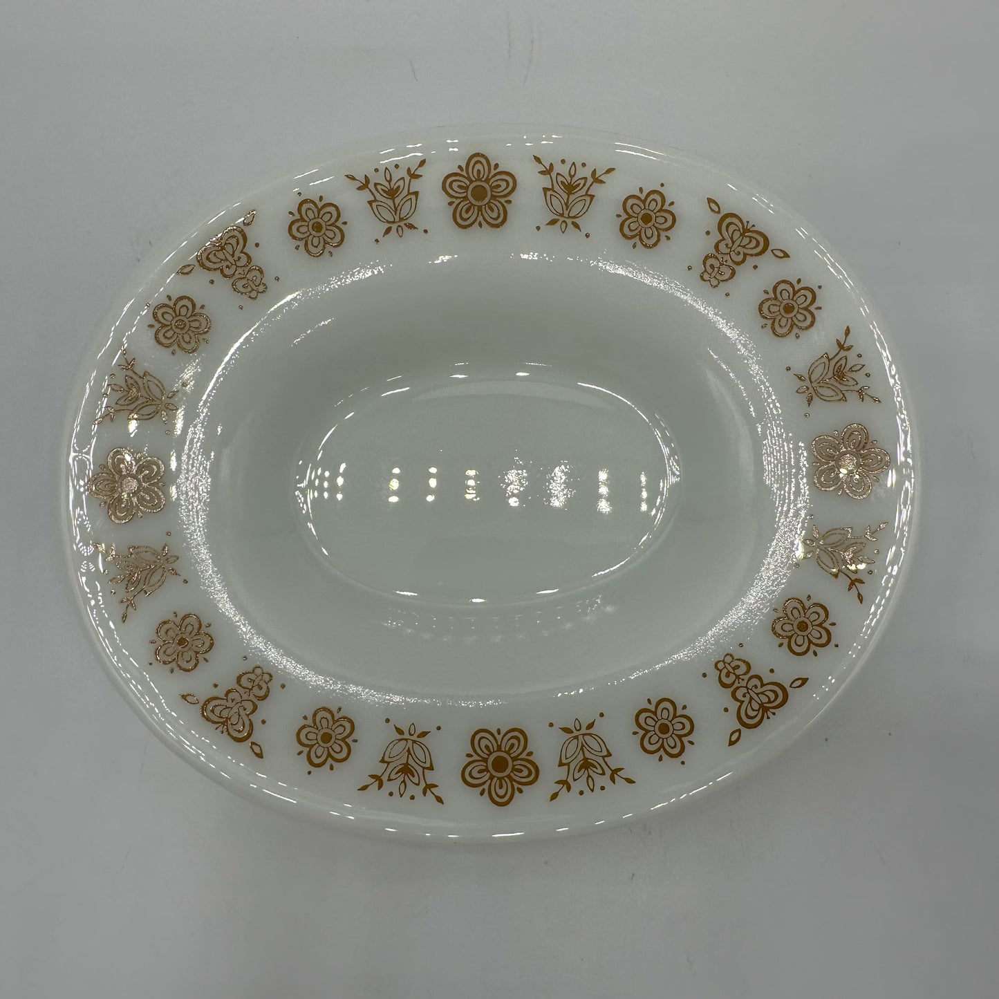 1970s Gold Butterfly Pyrex Milk Glass Gravy Boat & Platter