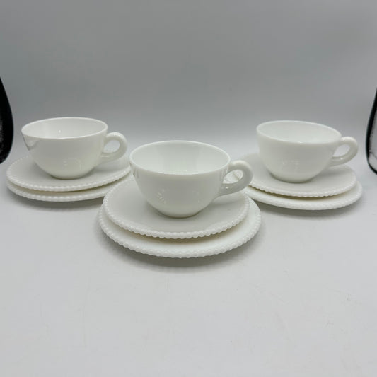 Westmoreland Milk Glass Beaded Edge Cup, Saucer and Plate, Set of 3