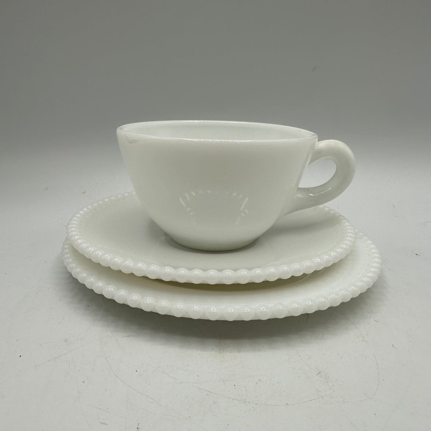 Westmoreland Milk Glass Beaded Edge Cup, Saucer and Plate, Set of 3
