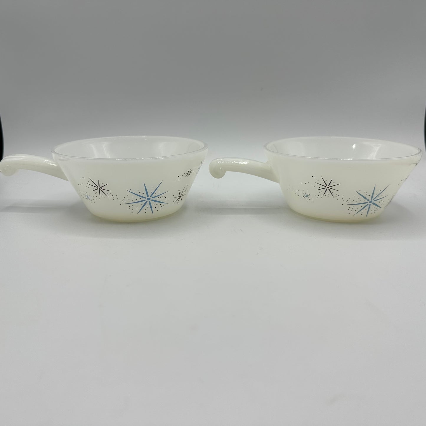 Glasbake Milk Glass Soup Bowls Handled Atomic Starburst, Set of 2