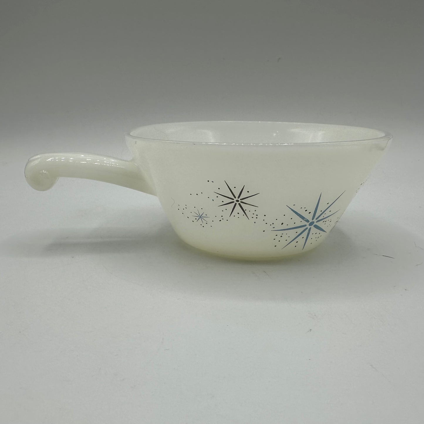 Glasbake Milk Glass Soup Bowls Handled Atomic Starburst, Set of 2