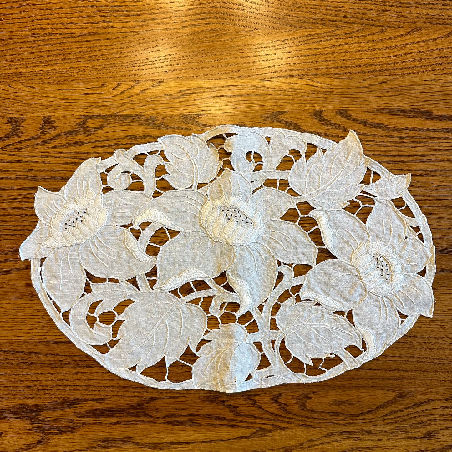 Linen Oval Doily, Off White With Floral Design