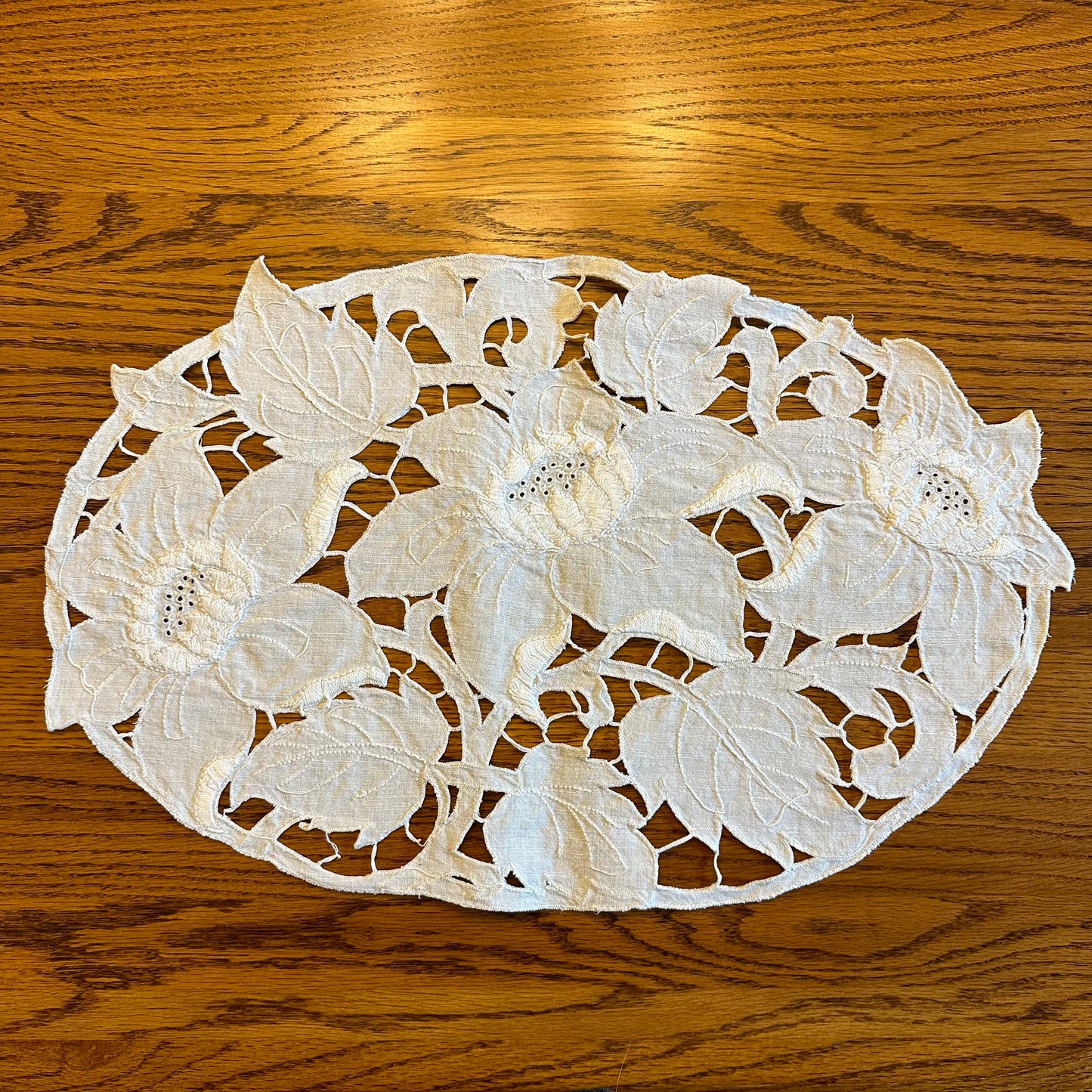 Linen Oval Doily, Off White With Floral Design