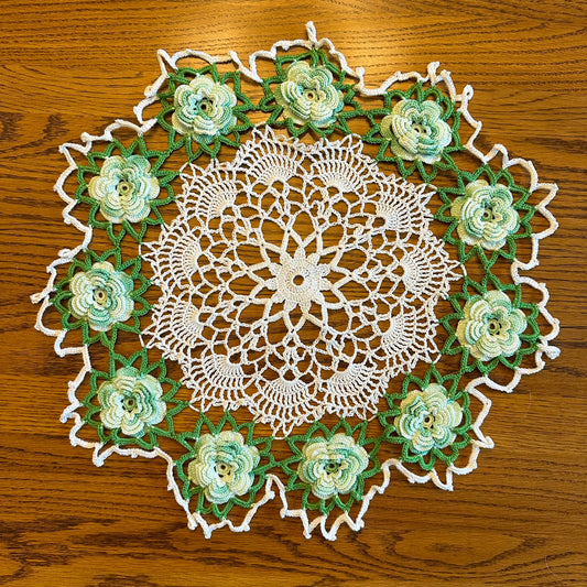 Handmade Round Doily 17" Green Flowers