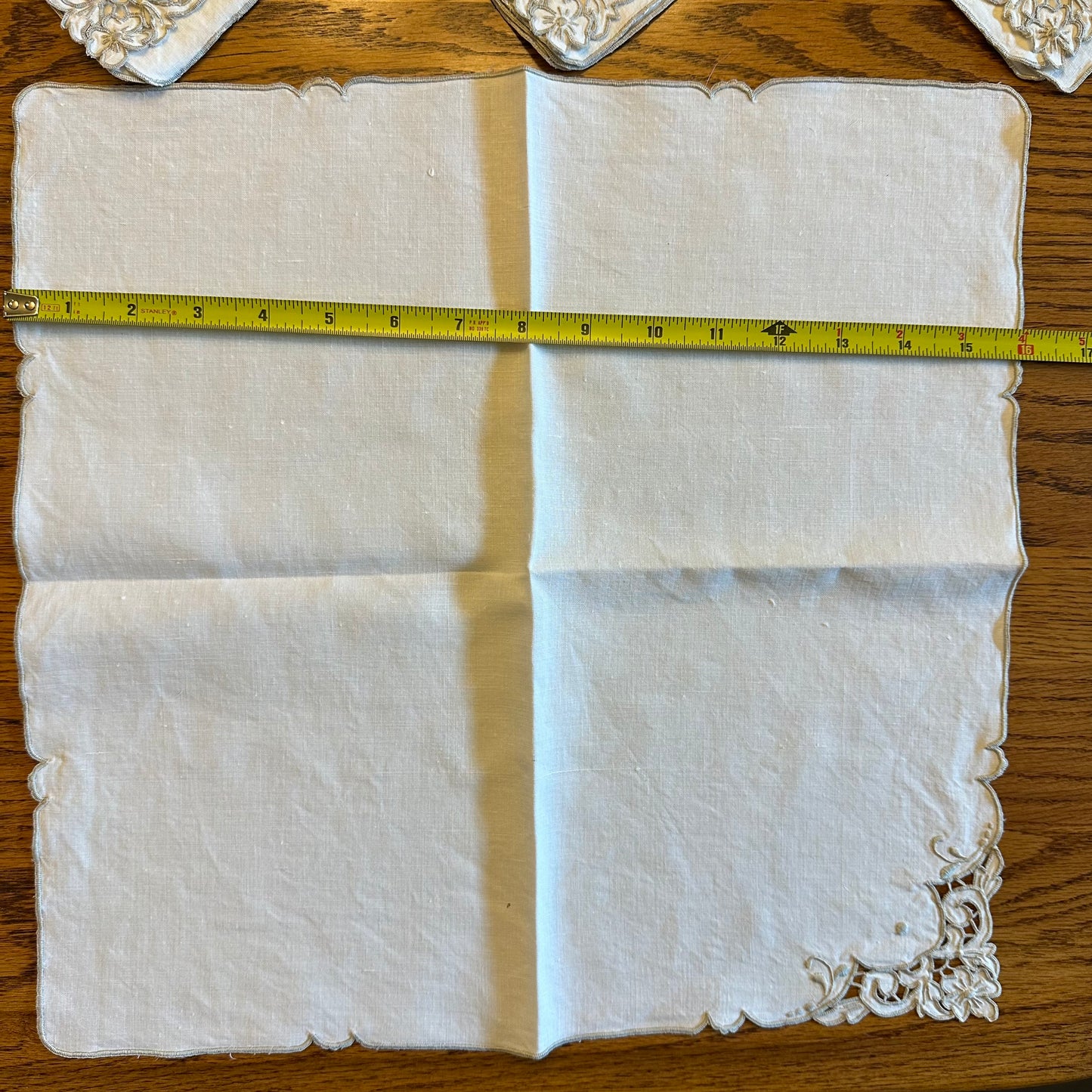 Ivory With Taupe Boarder Linen Napkins, Floral Cutwork Corner Design, Set of 4