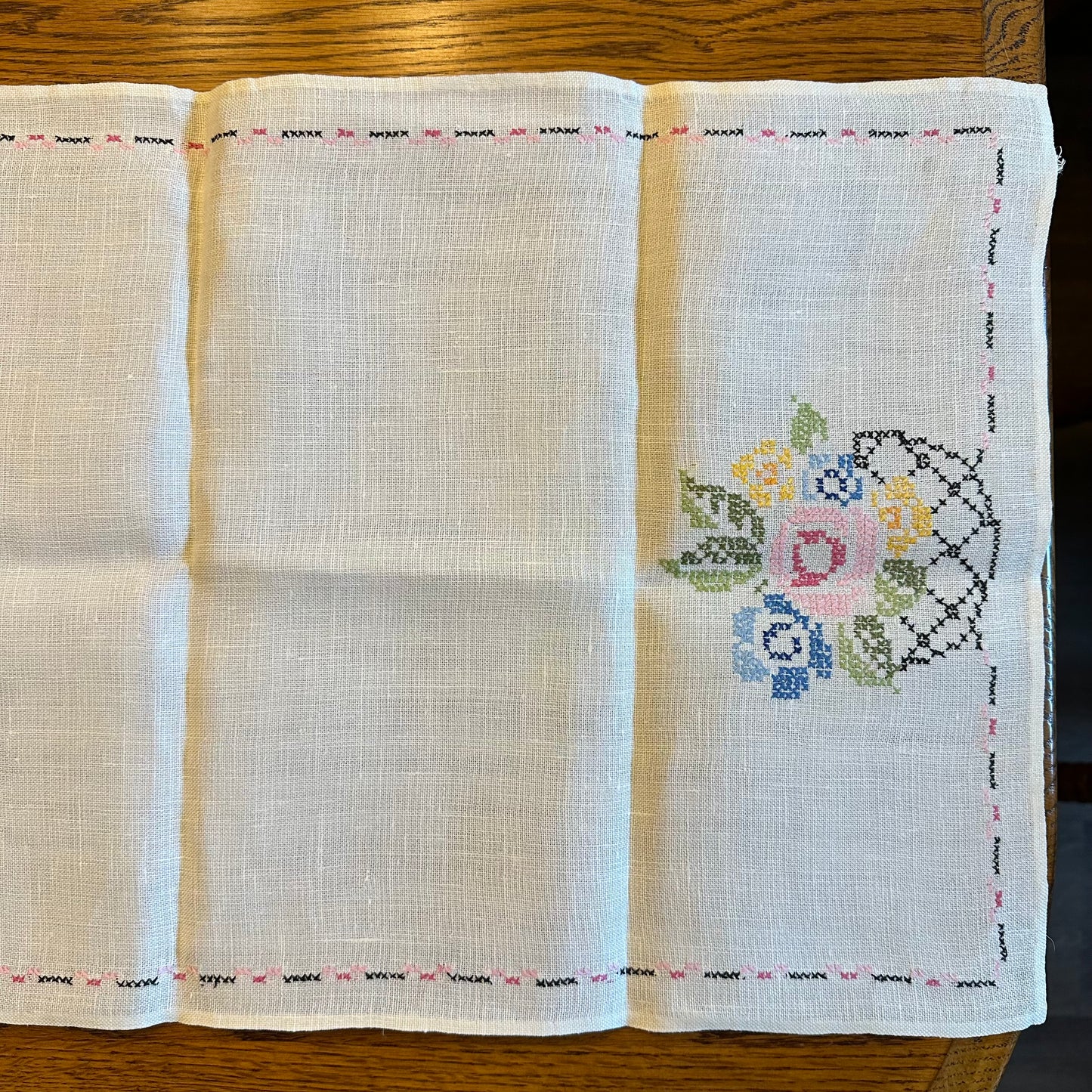 Linen Cross Stitched Runner, Floral Design