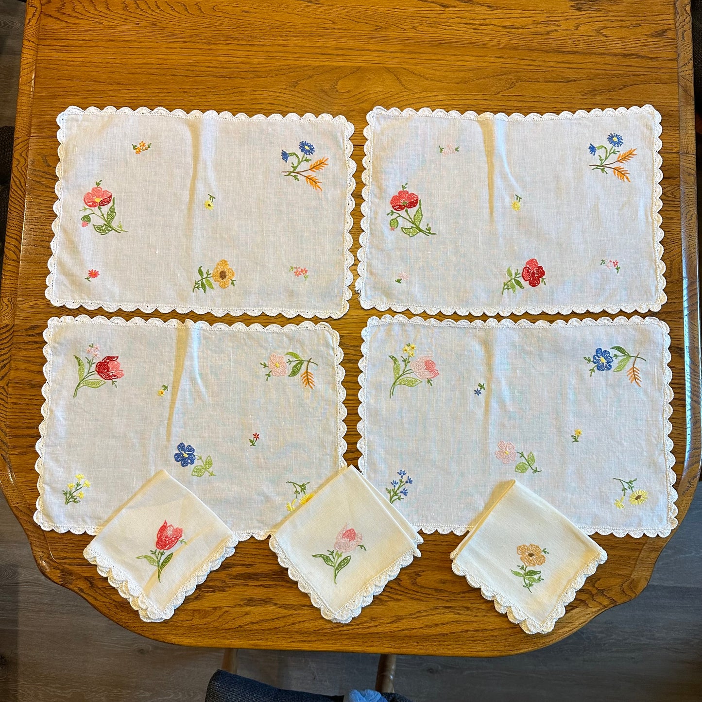 Embroidered Placemats with Matching Napkins, Set of 3 with Extra Placemat
