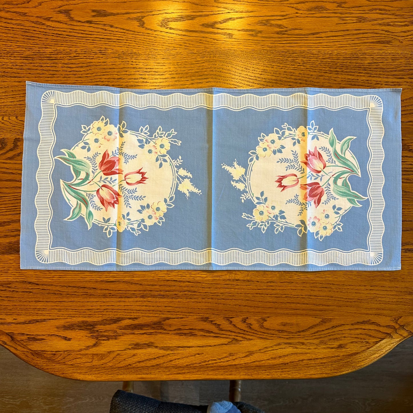 Tea Towel Table Runner, Blue Floral Pattern, Set of 2