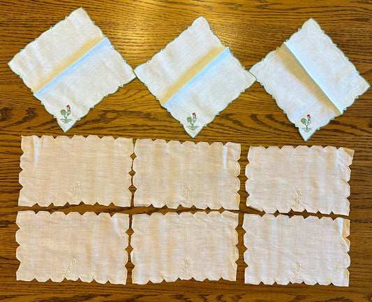 Hankies With Embroidered Chickens, Lot of 9