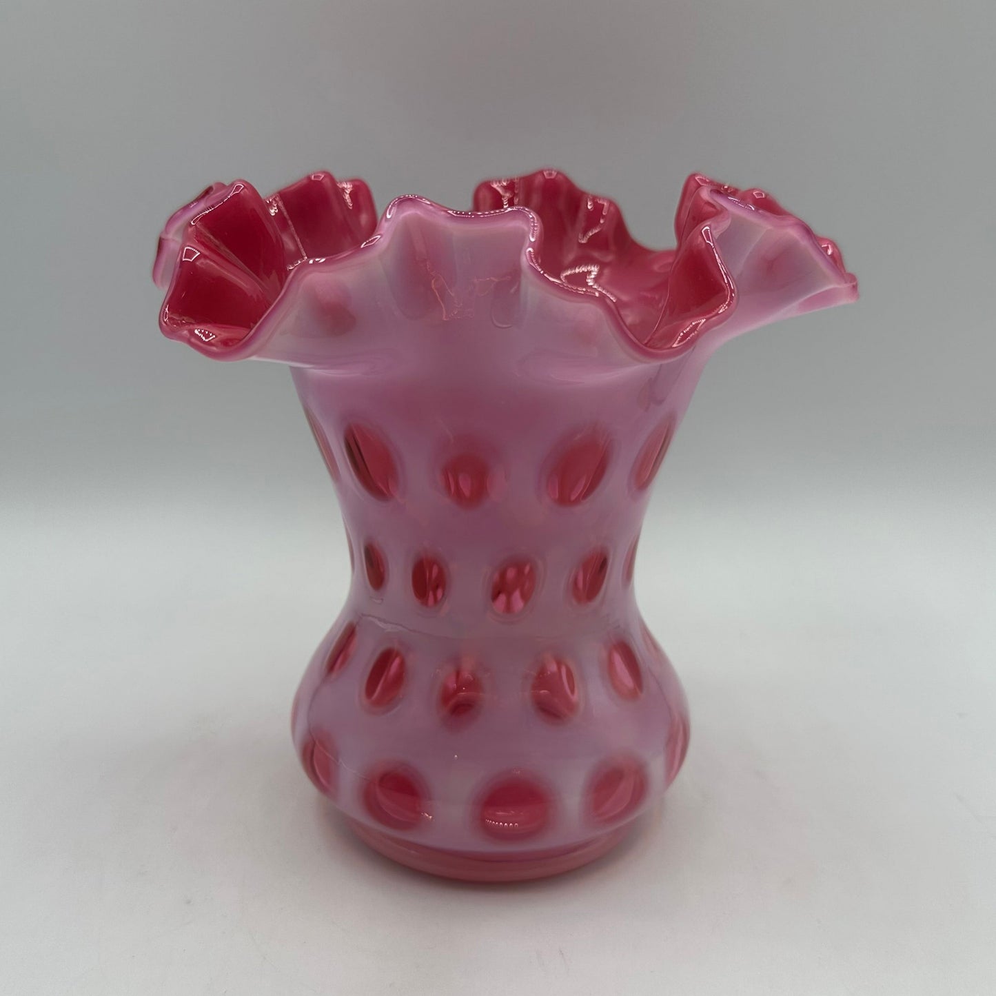 Vintage Fenton Cranberry Opalescent Coin Dot Ruffled Vase