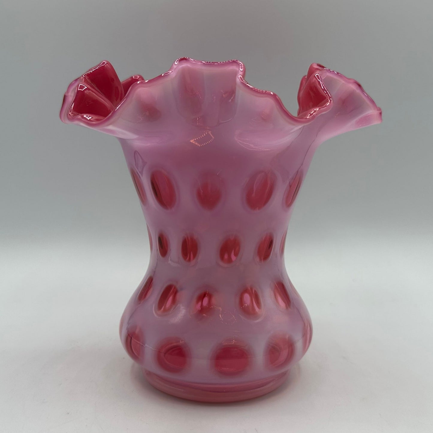 Vintage Fenton Cranberry Opalescent Coin Dot Ruffled Vase