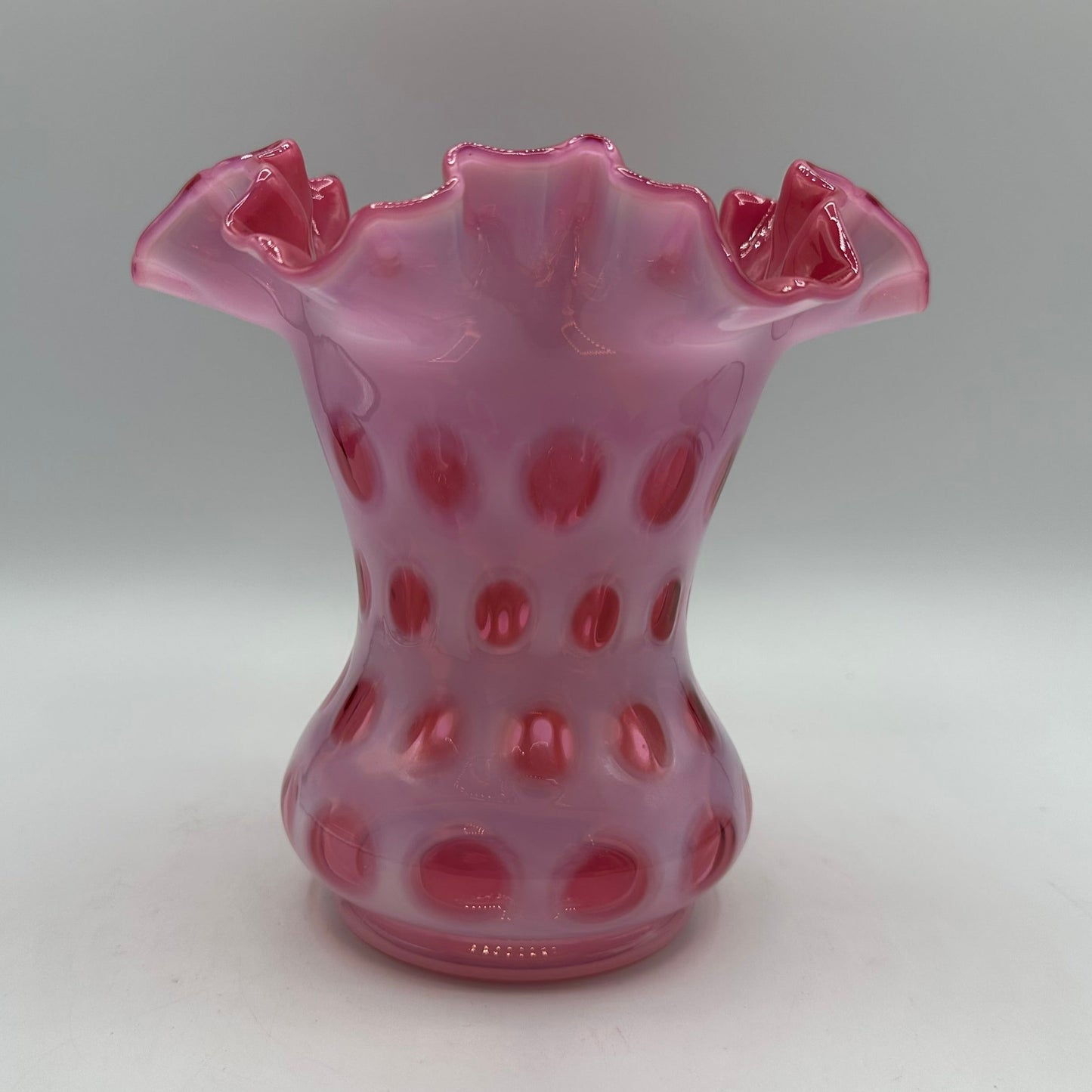 Vintage Fenton Cranberry Opalescent Coin Dot Ruffled Vase