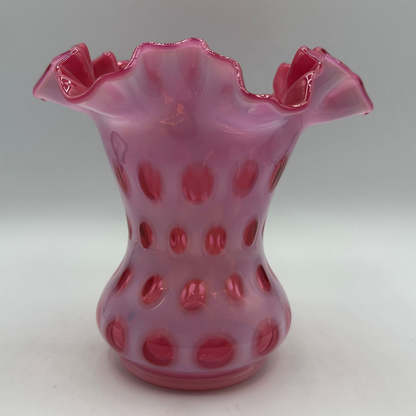 Vintage Fenton Cranberry Opalescent Coin Dot Ruffled Vase